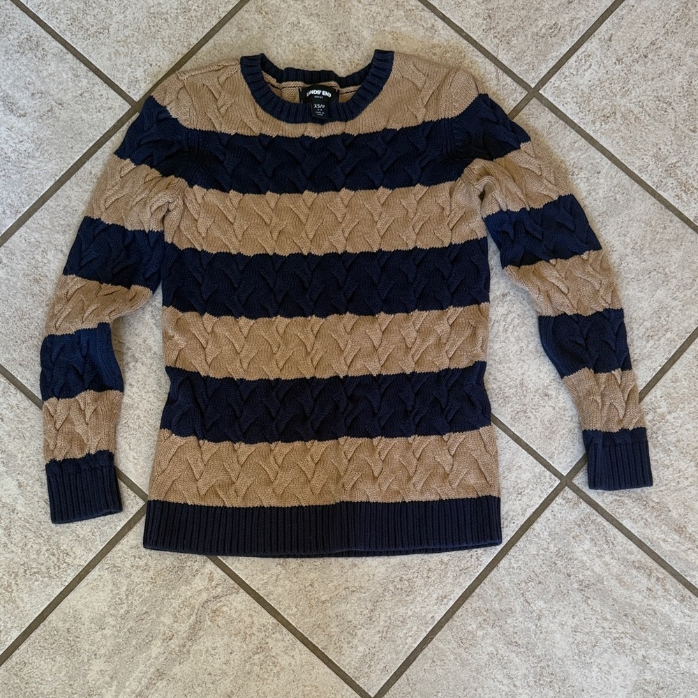 Lands' End Navy and Tan Cable Knit Sweater